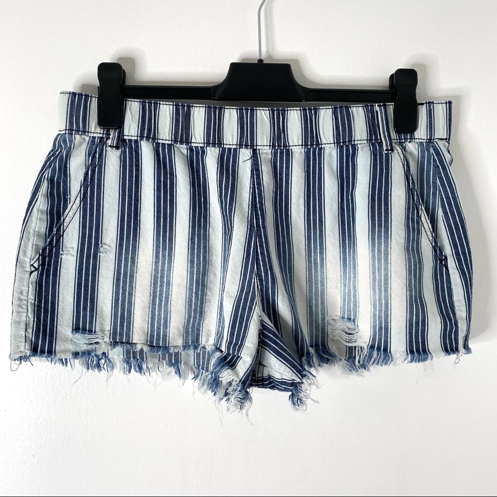 REWASH Blue White Striped Fray Hem Denim Shorts